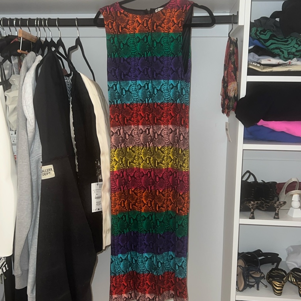 Alice + Olivia Delora Rainbow Snake Print Midi Dress